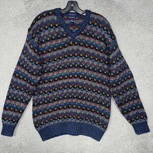 VTG Gant Hand Framed Sweater Men Sz M Multicolor Chunky Fair Isle V Neck Grandpa